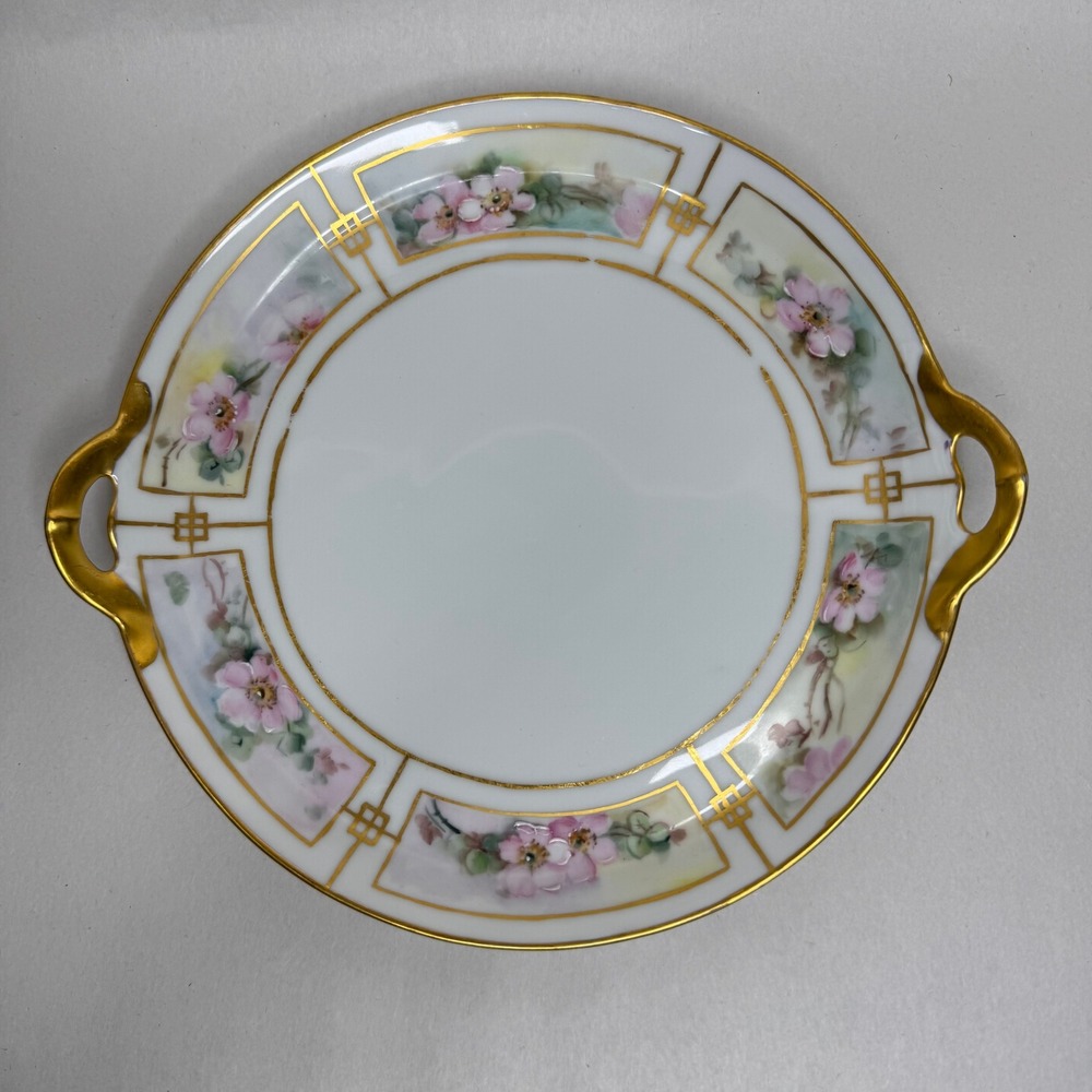 Vintage Bavaria Hand Painted Porcelain Plate Pink Floral Gold Trim Handles